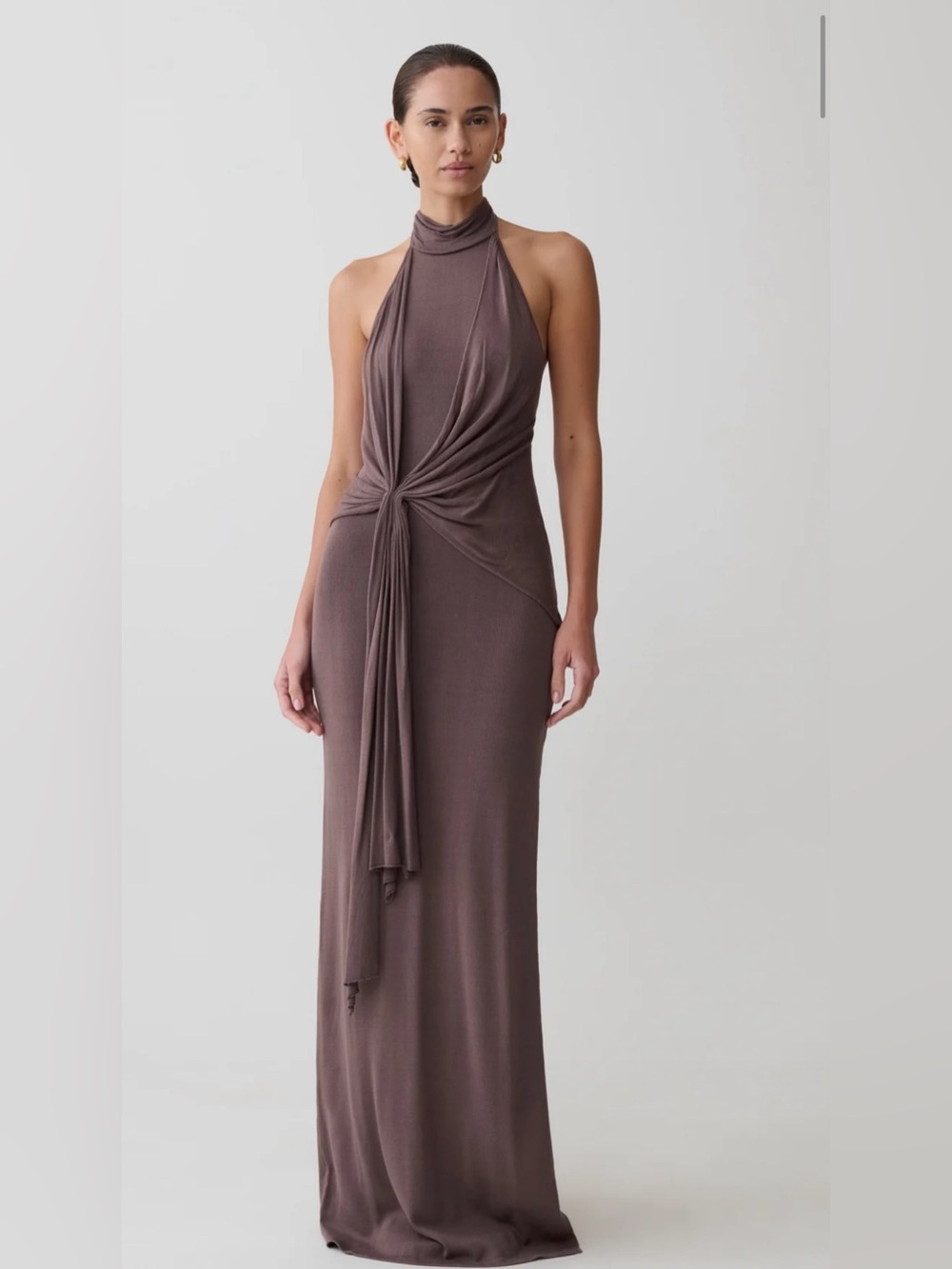Meshki Cindy Lou Dress Taupe Halter Tie-Front Maxi Dress